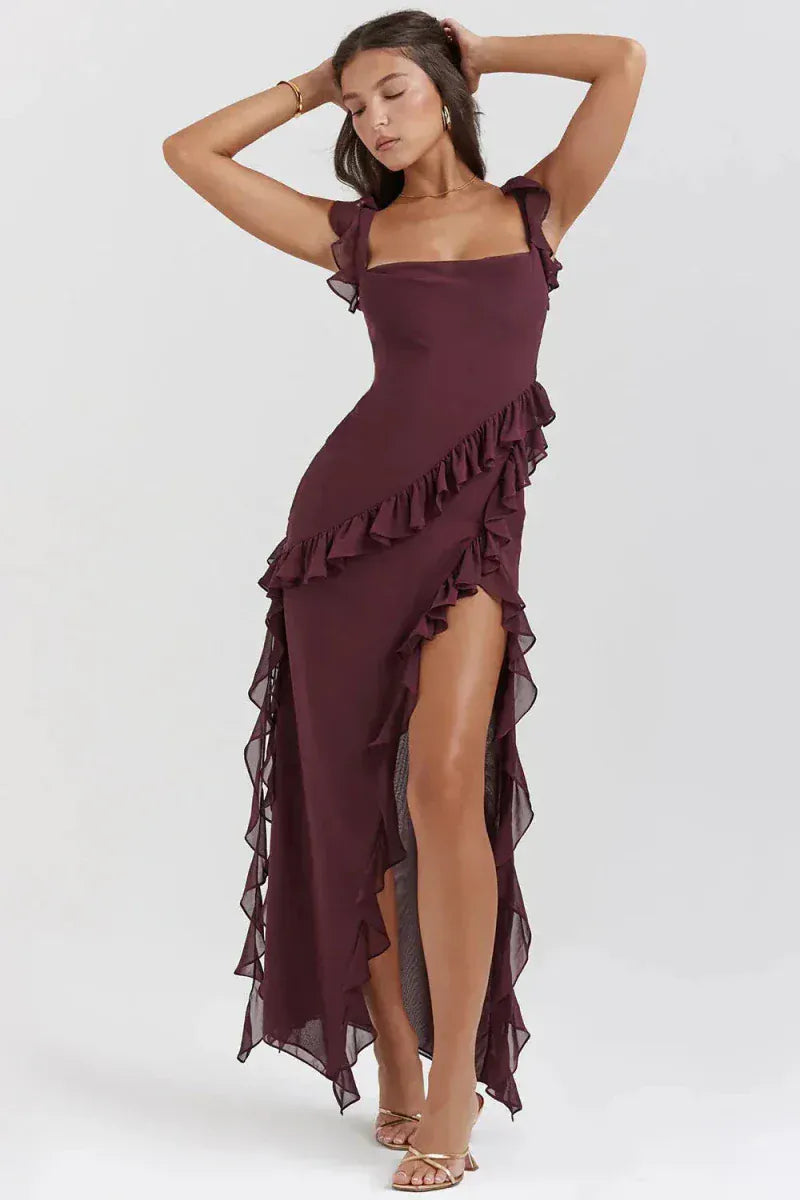 Valeria Montes Rojo oscuro (Burdeos) / XS Vestido de Noche Elegante con Volantes