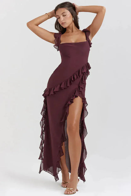 Valeria Montes Rojo oscuro (Burdeos) / XS Vestido de Noche Elegante con Volantes