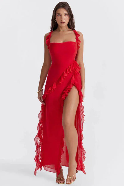 Valeria Montes Rojo / XS Vestido de Noche Elegante con Volantes