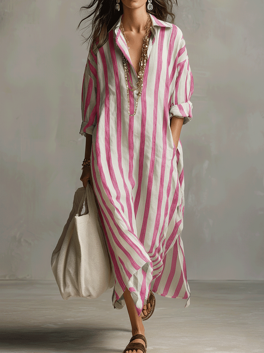 Valeria Montes Rosa / XS Vestido Maxi Casual de Camisa a Rayas Estilo Bohemio