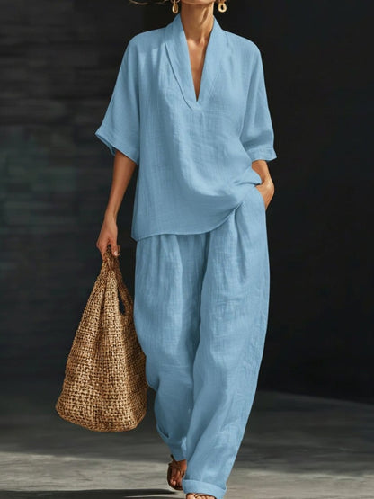 Valeria Montes S / Azul Conjunto Minimalista de Lino Mujer