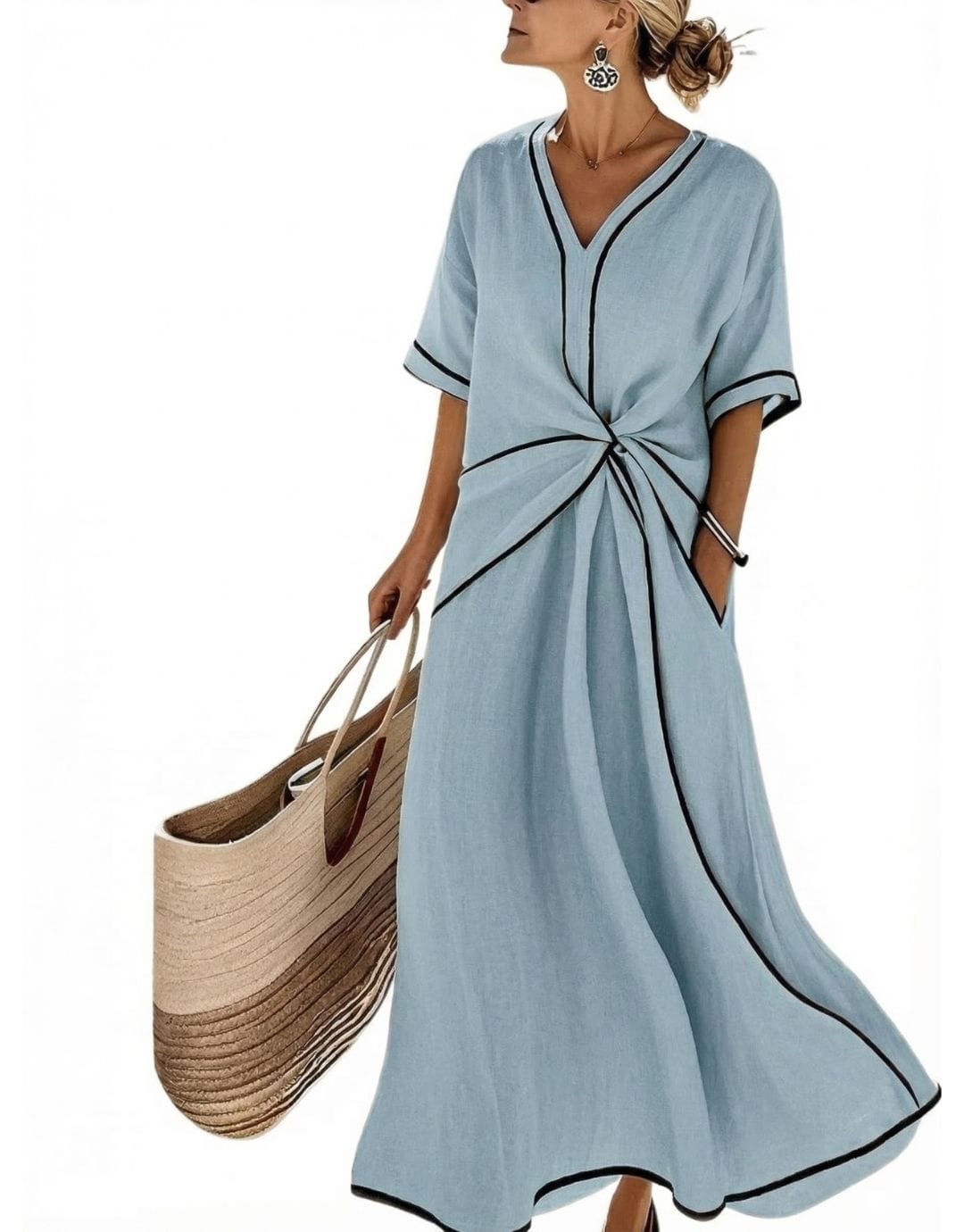 Valeria Montes S / Azul Isabela™ | Vestido Elegante Beige con Nudo Anudado
