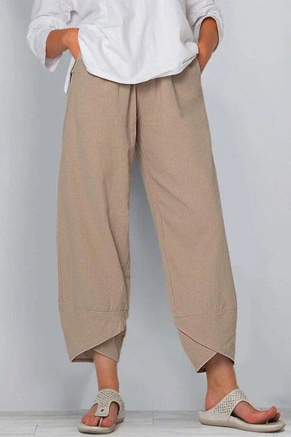 Valeria Montes S / Beige Pantalón Holgado de Lino y Algodón