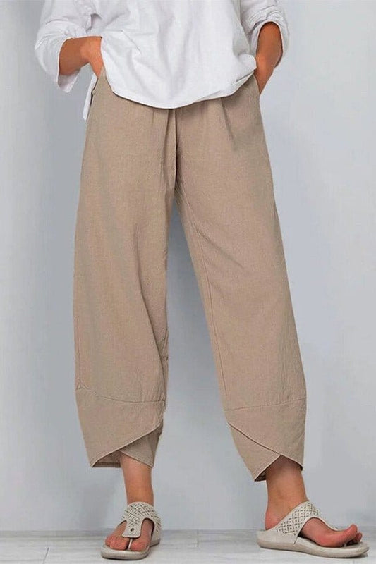 Valeria Montes S / Beige Pantalón Holgado de Lino y Algodón