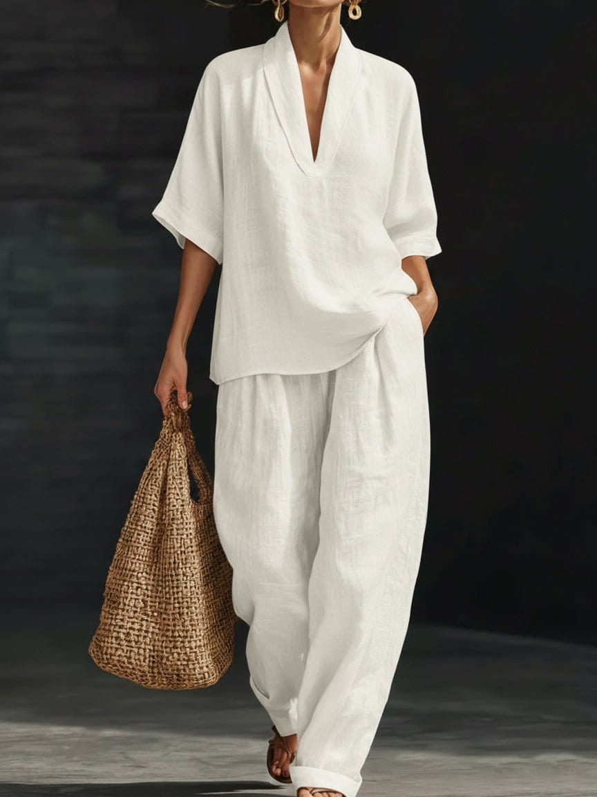 Valeria Montes S / Blanco Conjunto Minimalista de Lino Mujer