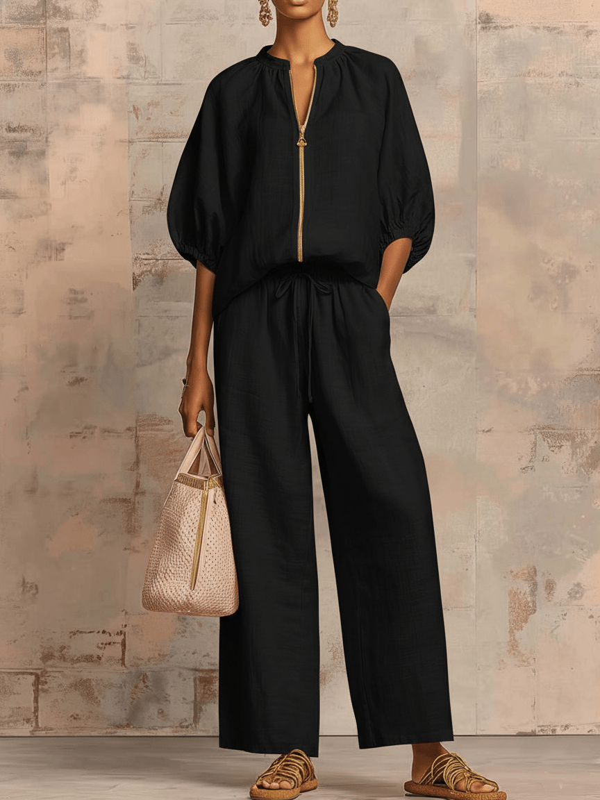 Valeria Montes S / Negro Conjunto de Lino y Algodón con Cremallera