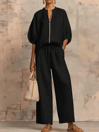 Valeria Montes S / Negro Conjunto de Lino y Algodón con Cremallera
