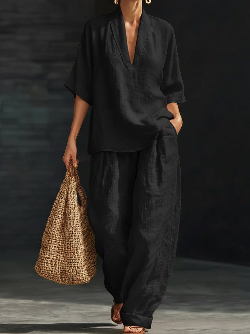 Valeria Montes S / Negro Conjunto Minimalista de Lino Mujer