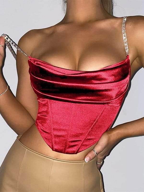 Valeria Montes S / Rojo Alessandra™ | Corsé de satén con cadena de diamantes