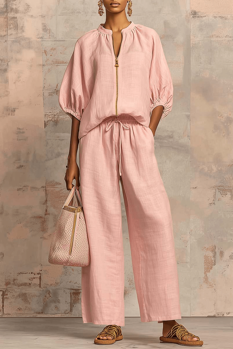 Valeria Montes S / Rosa Conjunto de Lino y Algodón con Cremallera