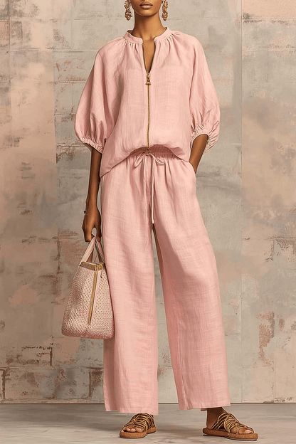 Valeria Montes S / Rosa Conjunto de Lino y Algodón con Cremallera