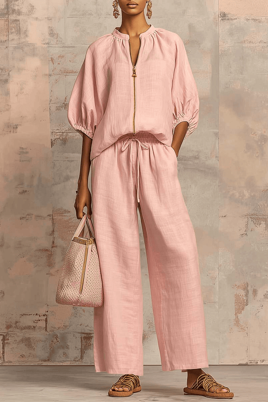 Valeria Montes S / Rosa Conjunto de Lino y Algodón con Cremallera