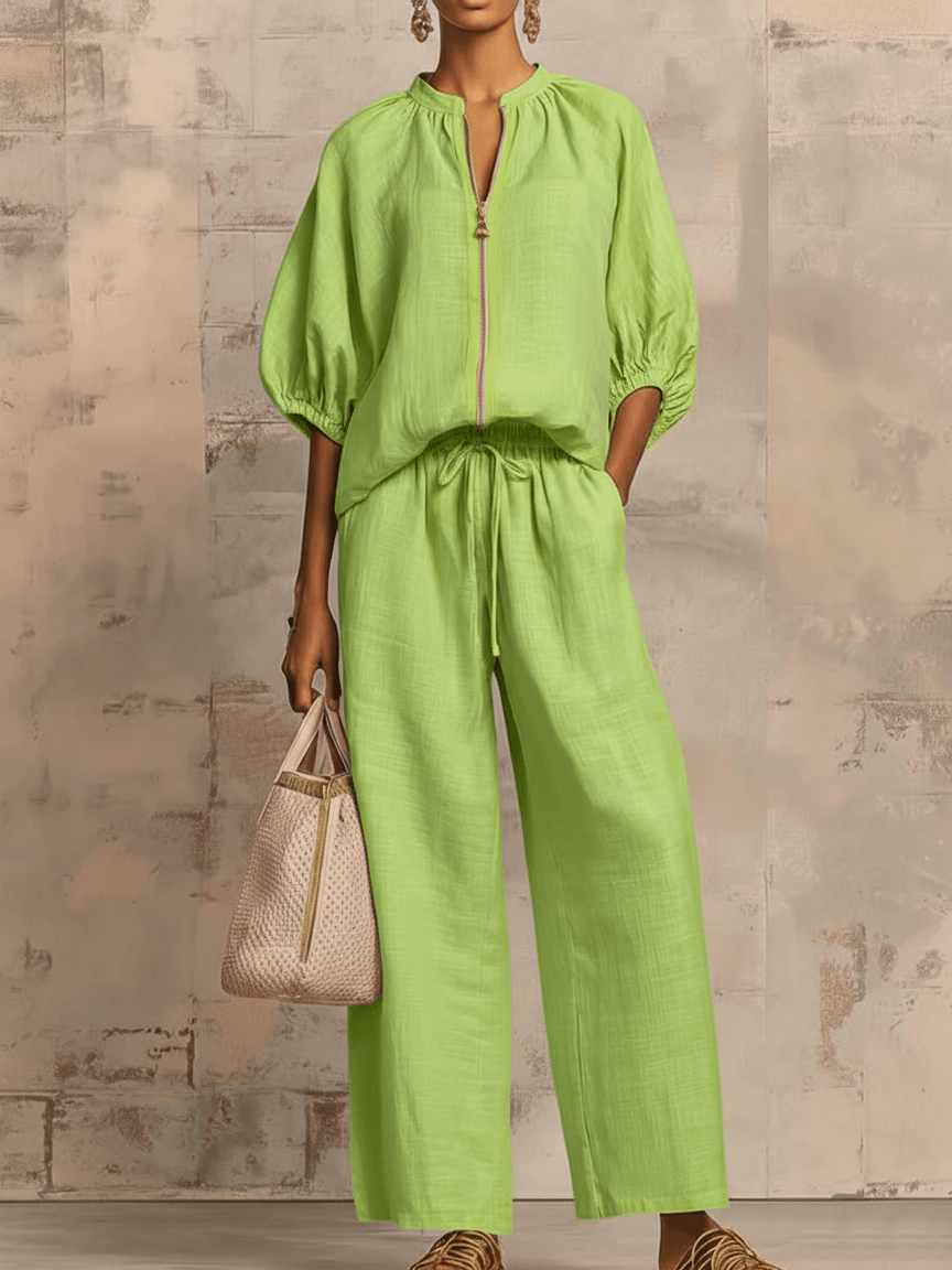 Valeria Montes S / Verde Conjunto de Lino y Algodón con Cremallera