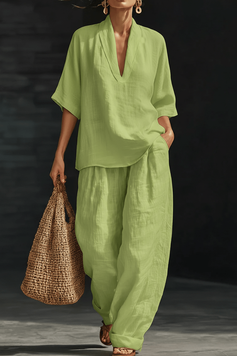 Valeria Montes S / Verde Conjunto Minimalista de Lino Mujer