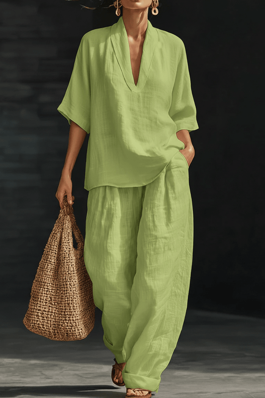 Valeria Montes S / Verde Conjunto Minimalista de Lino Mujer