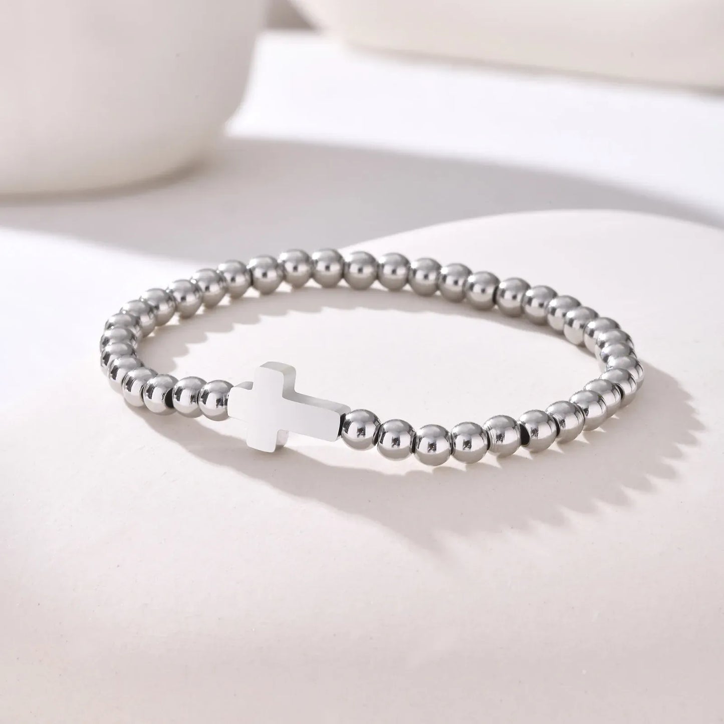 Valeria Montes Silver Color Pulsera cruzada elástica minimalista para mujer, pulseras de cuentas redondas, regalo de joyería impermeable de acero inoxidable