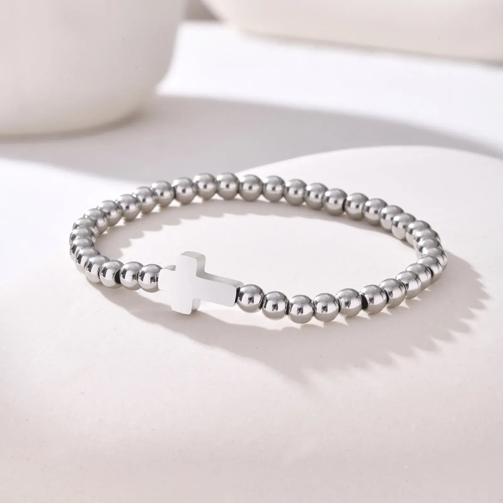 Valeria Montes Silver Color Pulsera cruzada elástica minimalista para mujer, pulseras de cuentas redondas, regalo de joyería impermeable de acero inoxidable