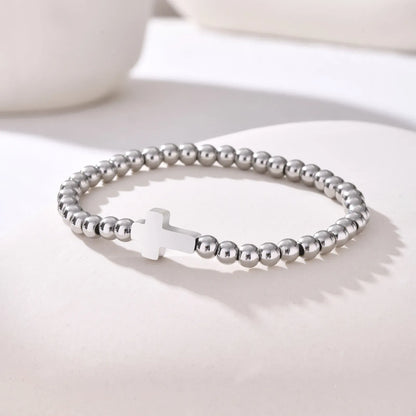 Valeria Montes Silver Color Pulsera cruzada elástica minimalista para mujer, pulseras de cuentas redondas, regalo de joyería impermeable de acero inoxidable
