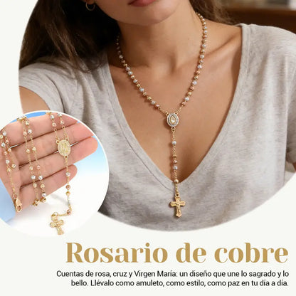 Valeria Montes Universal / Oro Rosario Tricolor con Colgante de Cruz de la Virgen María