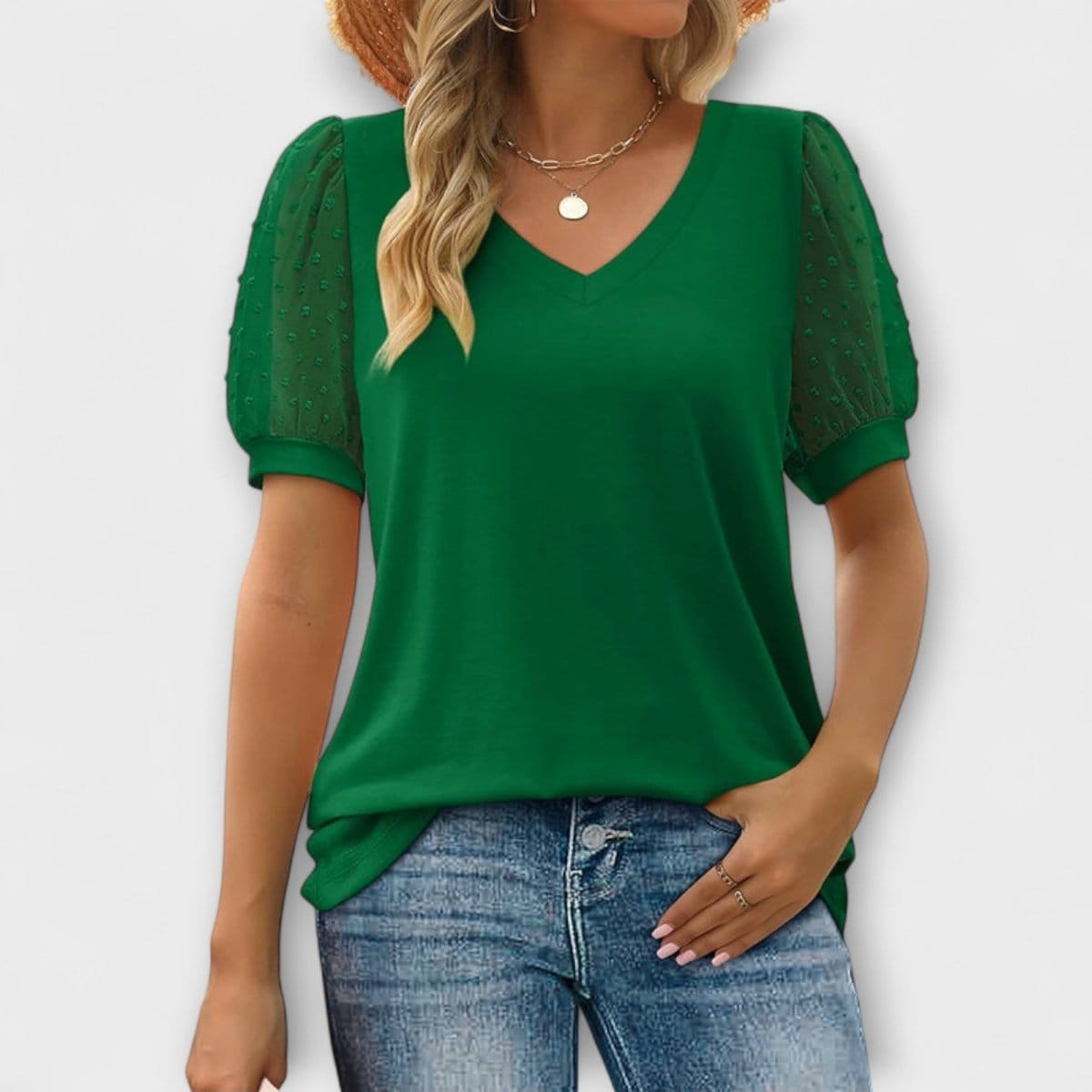Valeria Montes verde / S TOP CON CUELLO ALTO EN V Y MANGAS TRANSPARENTES