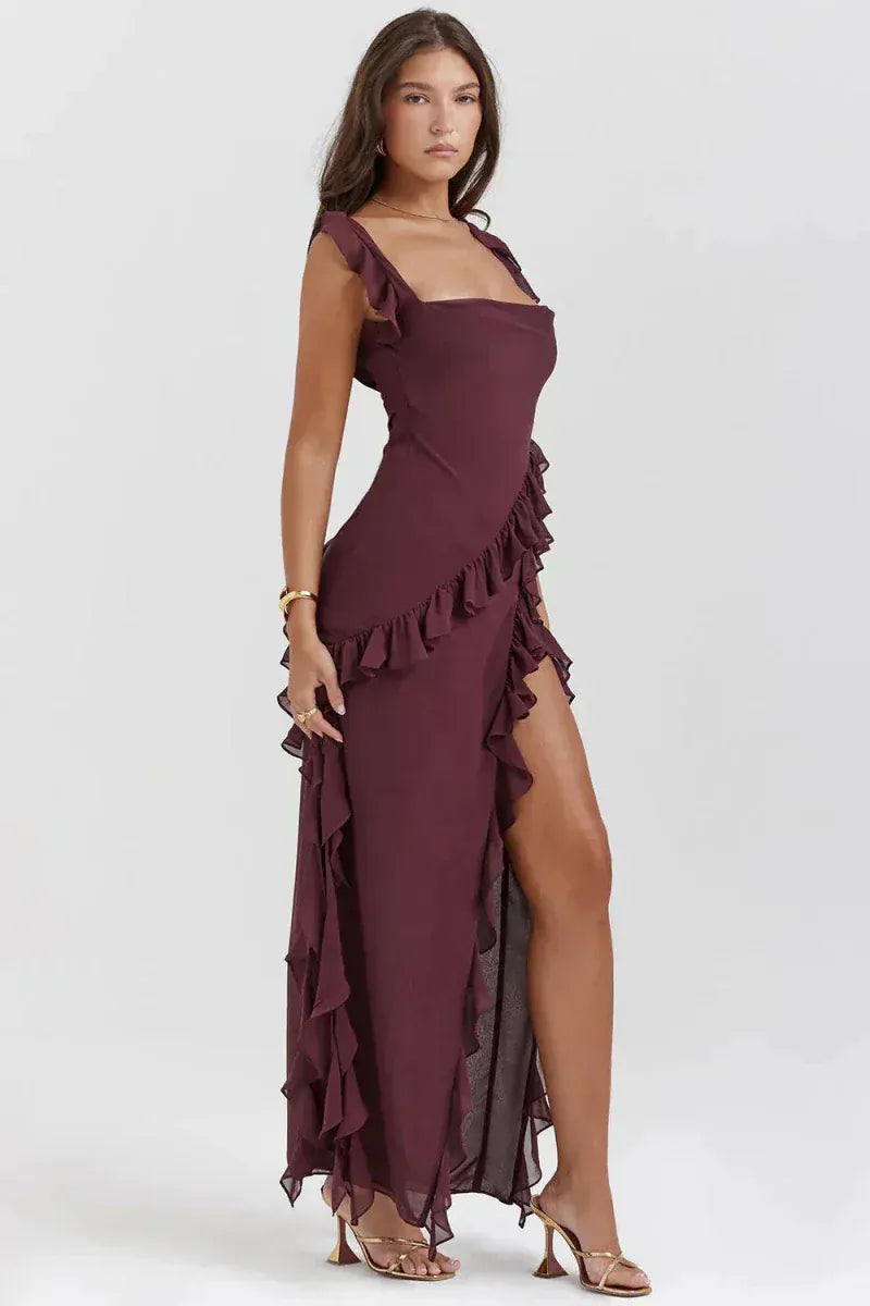 Valeria Montes Vestido de Noche Elegante con Volantes
