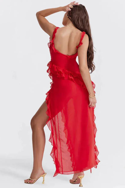 Valeria Montes Vestido de Noche Elegante con Volantes