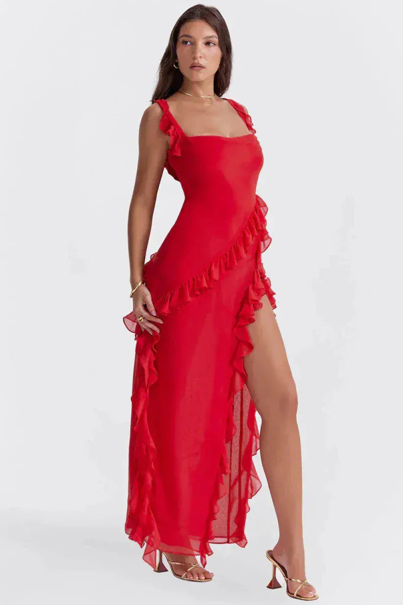 Valeria Montes Vestido de Noche Elegante con Volantes