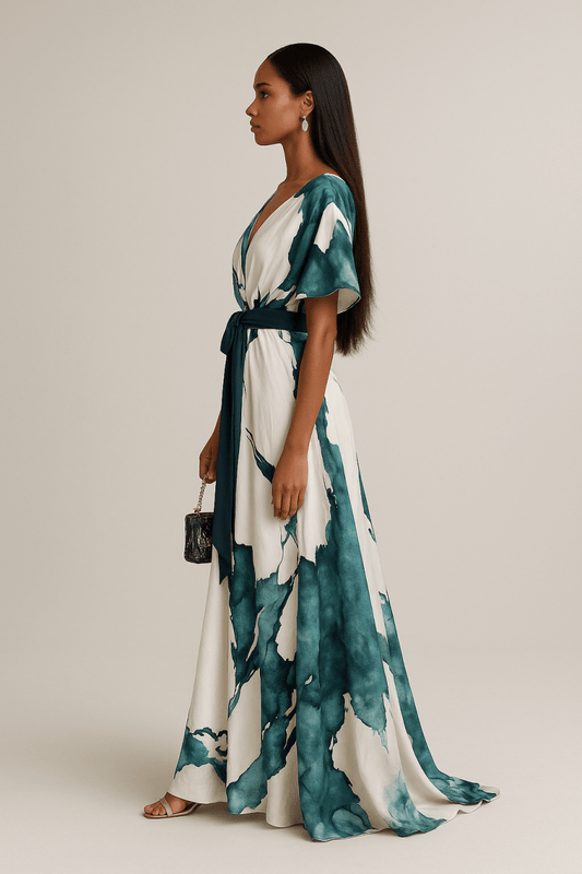 Valeria Montes Vestido Largo Estampado Acuarela
