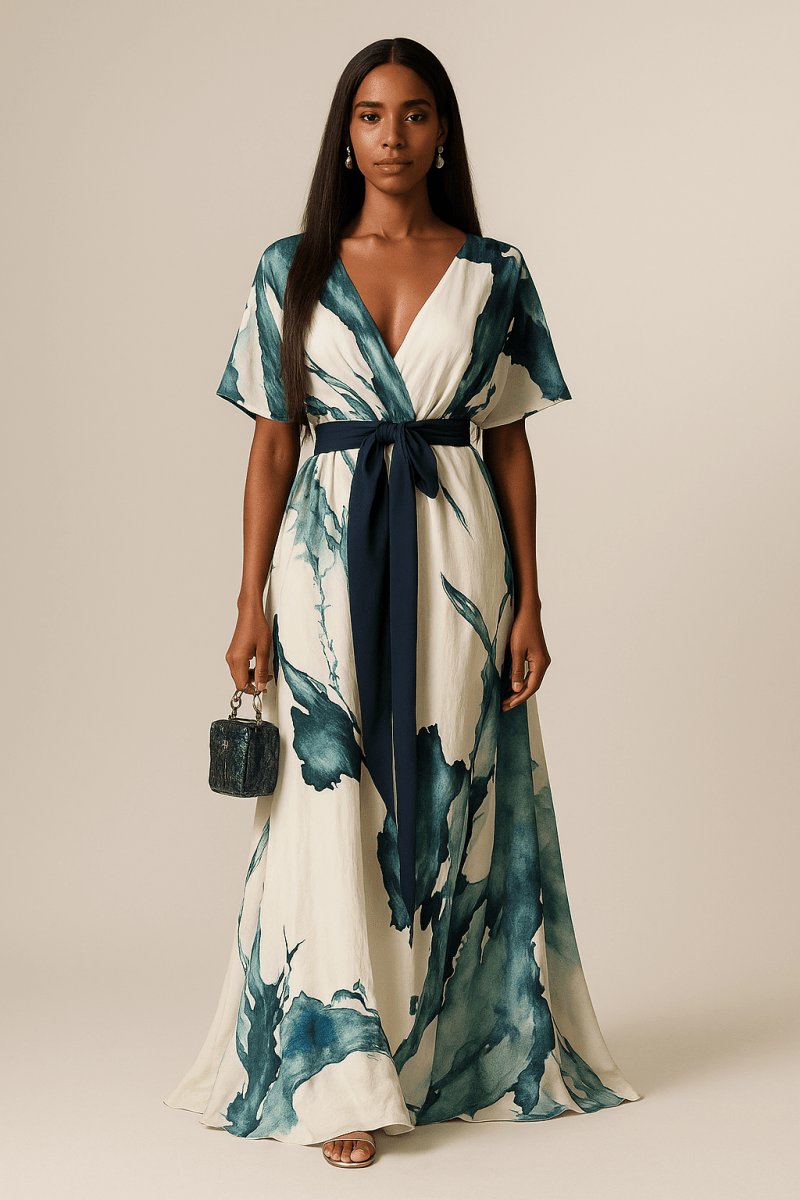 Valeria Montes Vestido Largo Estampado Acuarela