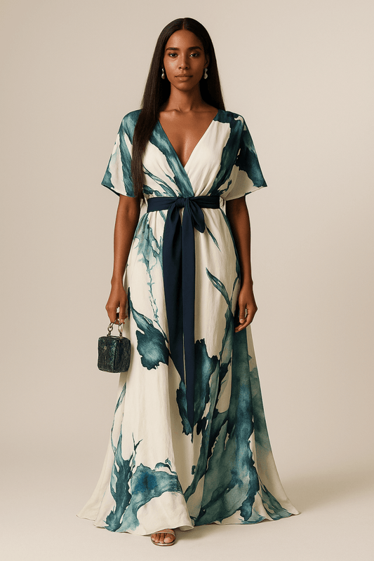 Valeria Montes Vestido Largo Estampado Acuarela