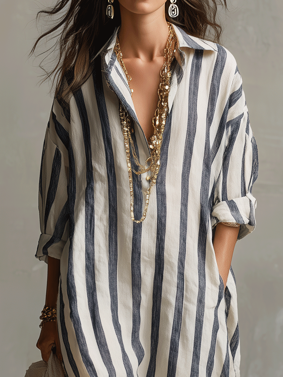 Valeria Montes Vestido Maxi Casual de Camisa a Rayas Estilo Bohemio