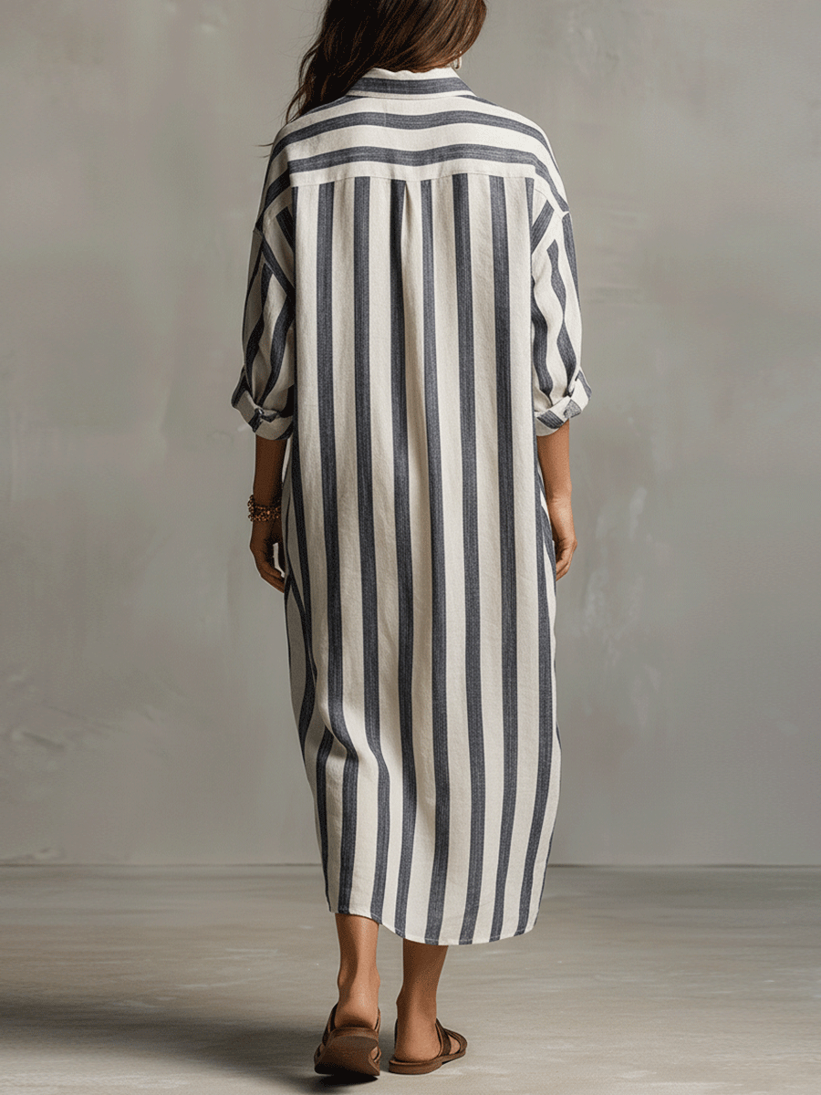 Valeria Montes Vestido Maxi Casual de Camisa a Rayas Estilo Bohemio