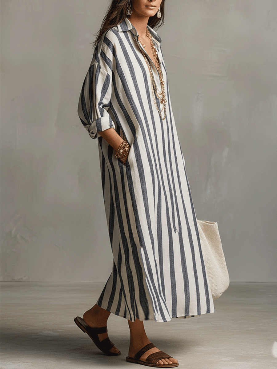 Valeria Montes Vestido Maxi Casual de Camisa a Rayas Estilo Bohemio