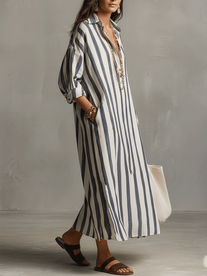 Valeria Montes Vestido Maxi Casual de Camisa a Rayas Estilo Bohemio