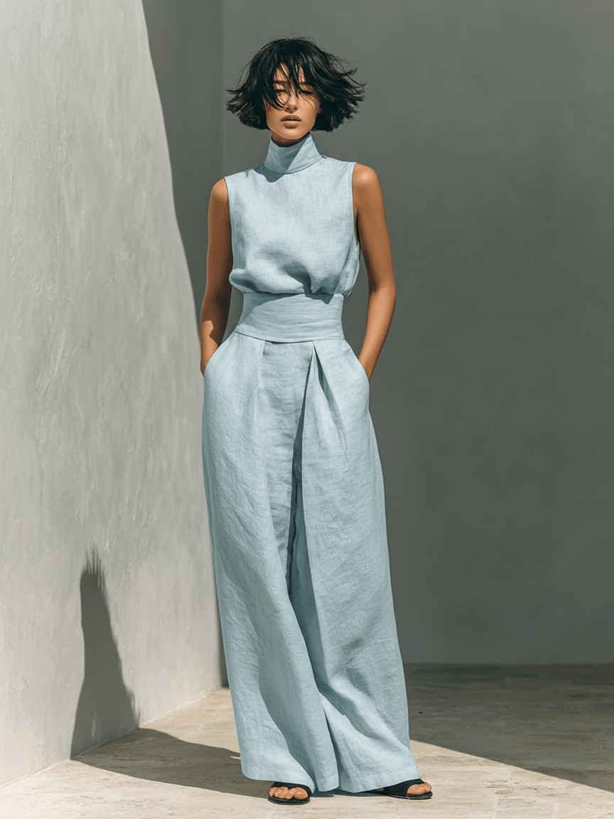 Valeria Montes XS / Azul claro Conjunto Minimalista de Lino y Algodón
