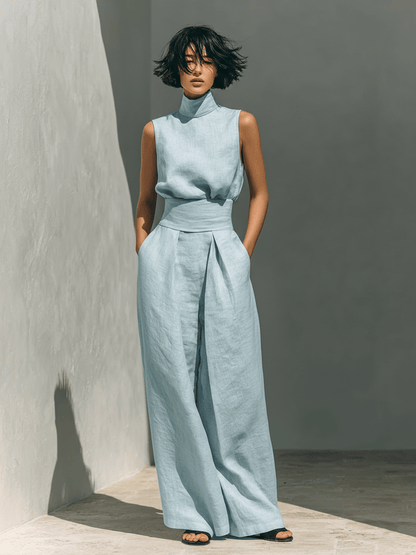 Valeria Montes XS / Azul claro Conjunto Minimalista de Lino y Algodón