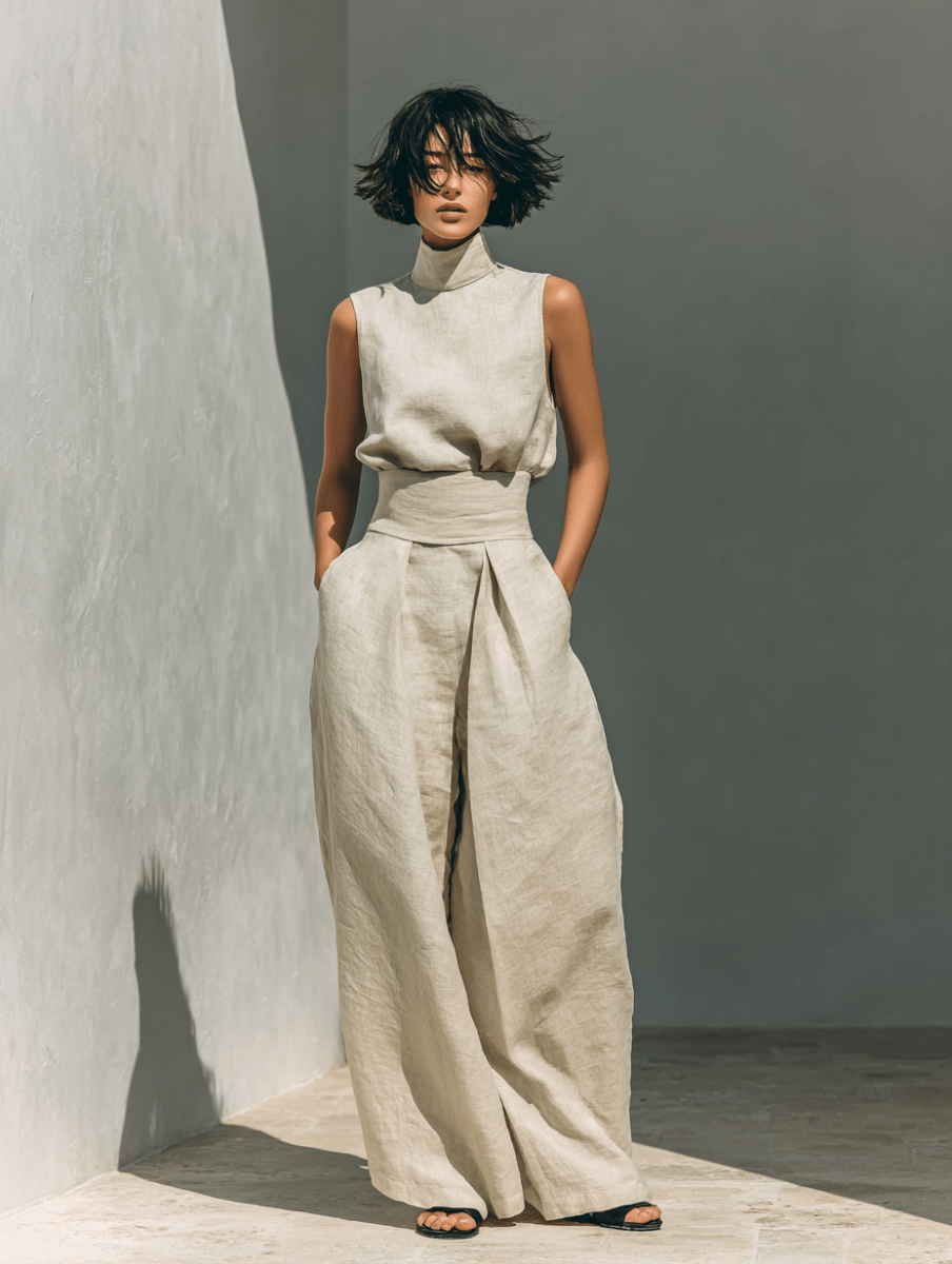 Valeria Montes XS / Kaki Conjunto Minimalista de Lino y Algodón