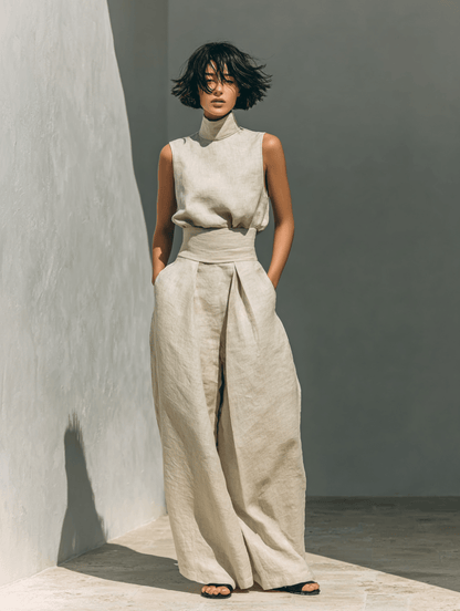 Valeria Montes XS / Kaki Conjunto Minimalista de Lino y Algodón