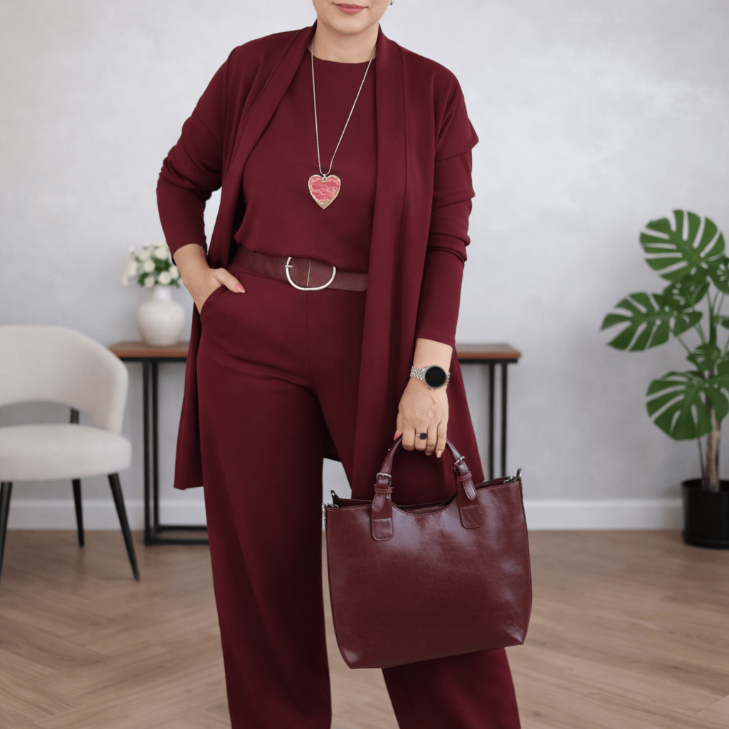 Valeria Montes XS / Rojo Daniela™ | Conjunto de 3 Piezas con Cárdigan Largo