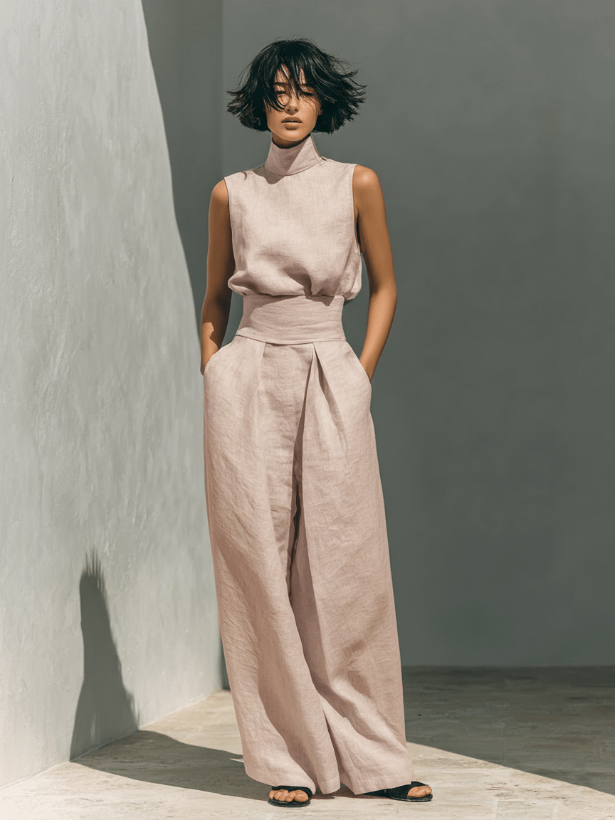 Valeria Montes XS / Rosa claro Conjunto Minimalista de Lino y Algodón