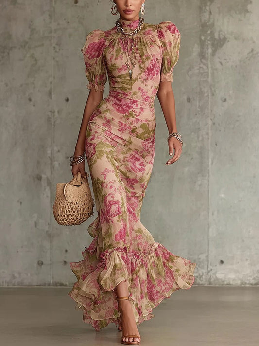 Valeria Montes XS / Rosa Fiora | Vestido largo con estampado vintage de rosas y mangas abullonadas