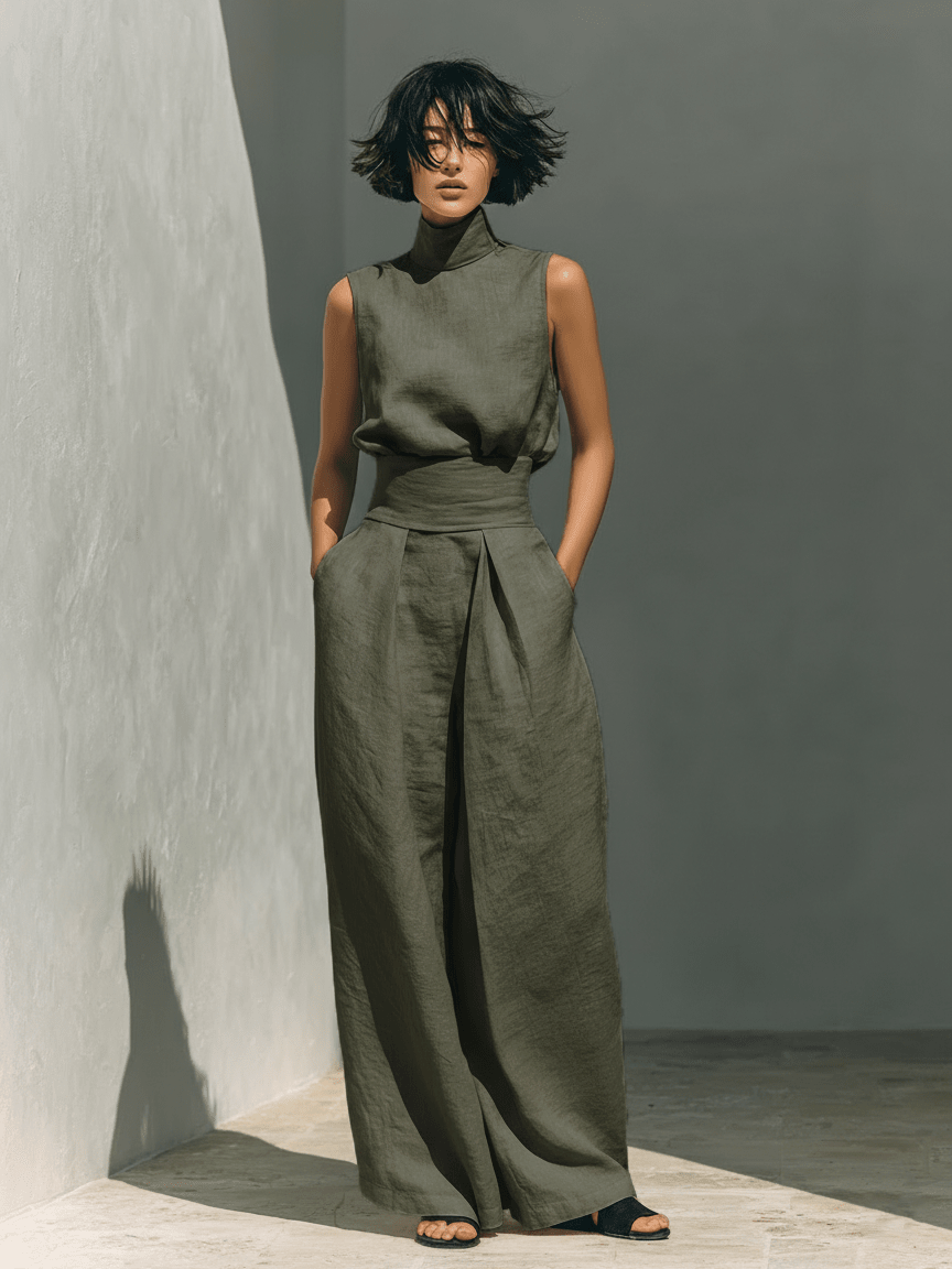 Valeria Montes XS / Verde militar Conjunto Minimalista de Lino y Algodón