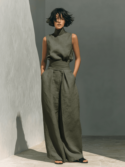 Valeria Montes XS / Verde militar Conjunto Minimalista de Lino y Algodón